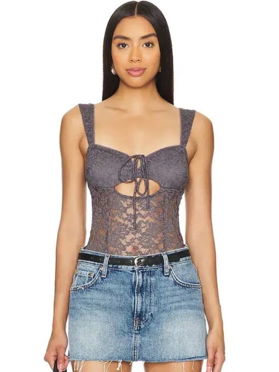 Free People Tops - Free People Charcoal Lace Tie-Front Square-Neck Bodysuit Strike A Pose Size M
